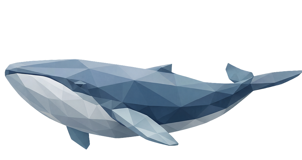 Low-poly blue whale illustration symbolizing crypto whales, large holders tracked in crypto accounting